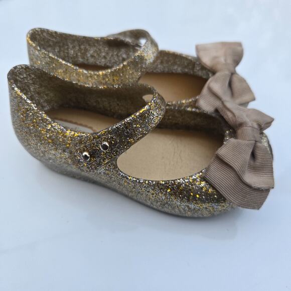Mini Melissa Shoes Toddler Girls 7 US Mary Jane Bow Peep Gold Glitter - Picture 2 of 5